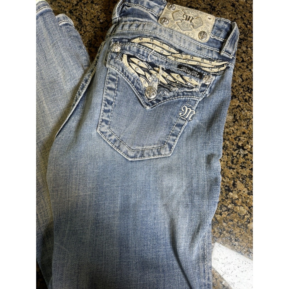Miss Me Mid-rise Skinny Size 30x31  Rhinestone Bling Wing Sparkle Pockets EUC